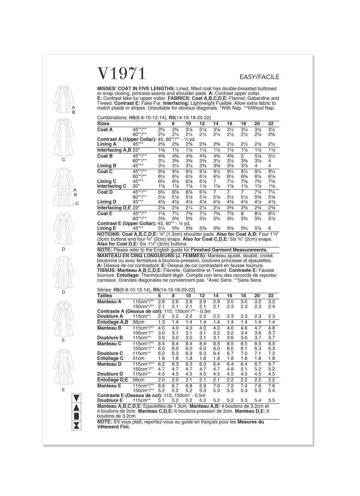 Vogue Coat Misses Five In Lengths Sewing Pattern V1971