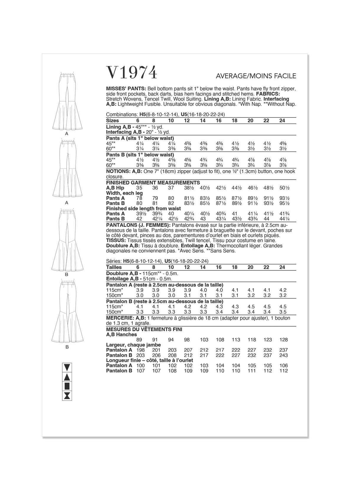 Vogue Pants Misses Sewing Pattern V1974