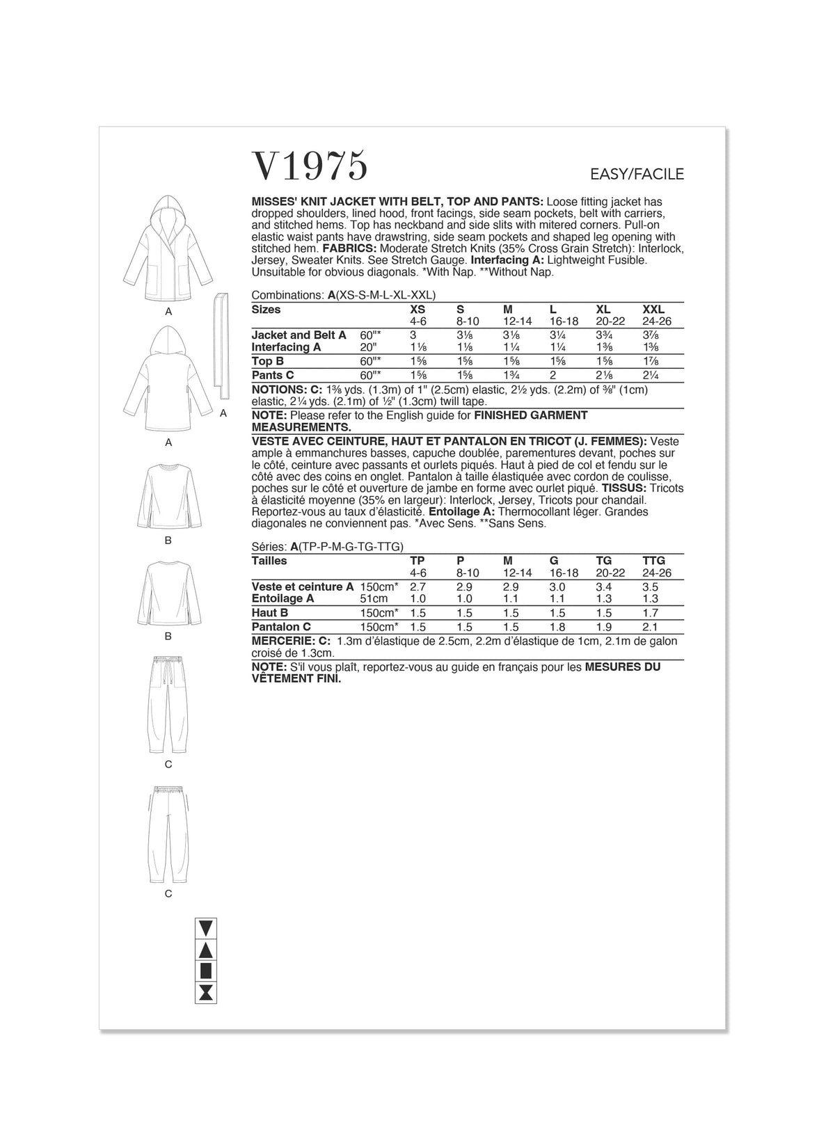 Vogue Misses' Knit Jacket With Belt, Top & Pants Sewing Pattern V1975