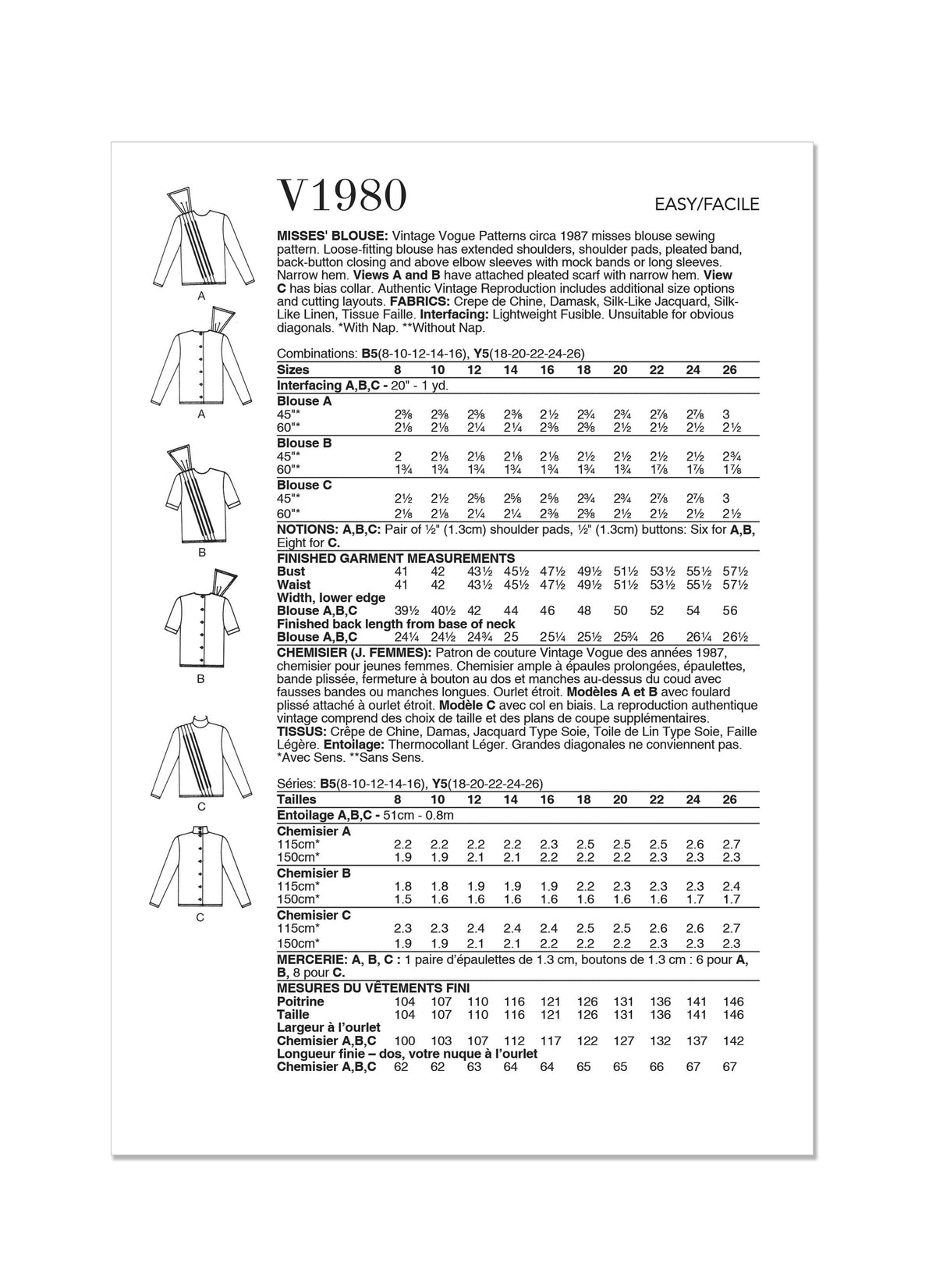 Vogue Vintage Misses Blouse Sewing Pattern V1980