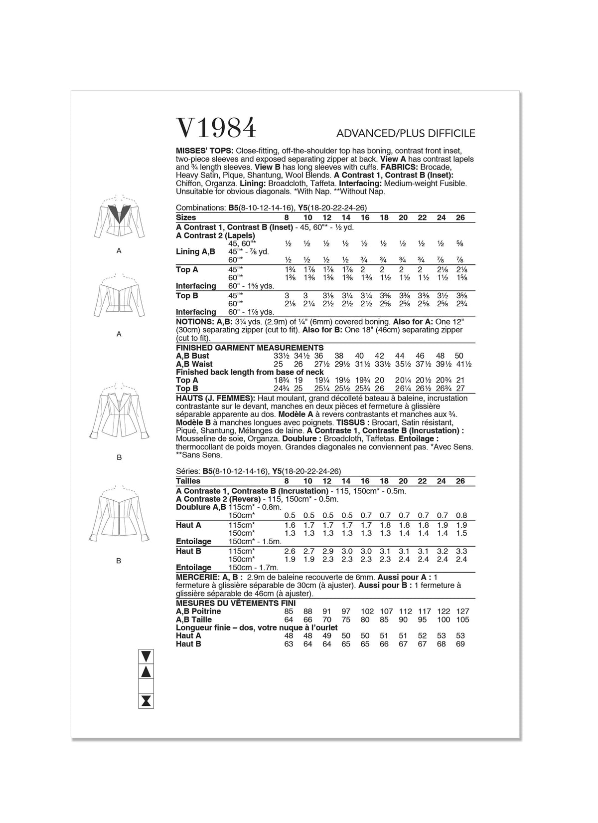 Vogue Misses Tops Sewing Pattern V1984