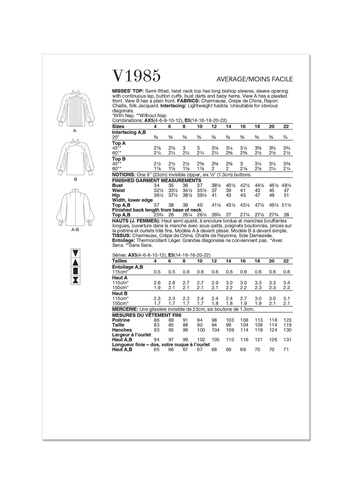 Vogue Misses Tops Sewing Pattern V1985