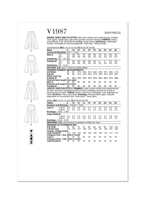 Vogue Misses Skirt & Culottes Sewing Pattern V1987