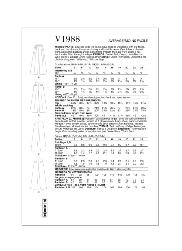Vogue Misses Pants Sewing Pattern V1988