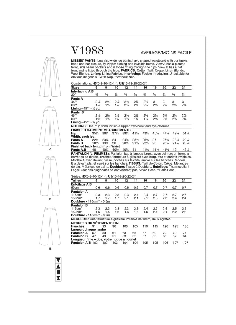 Vogue Misses Pants Sewing Pattern V1988