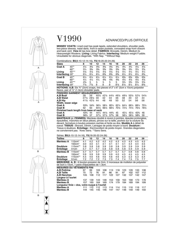 Vogue Misses Coats Sewing Pattern V1990