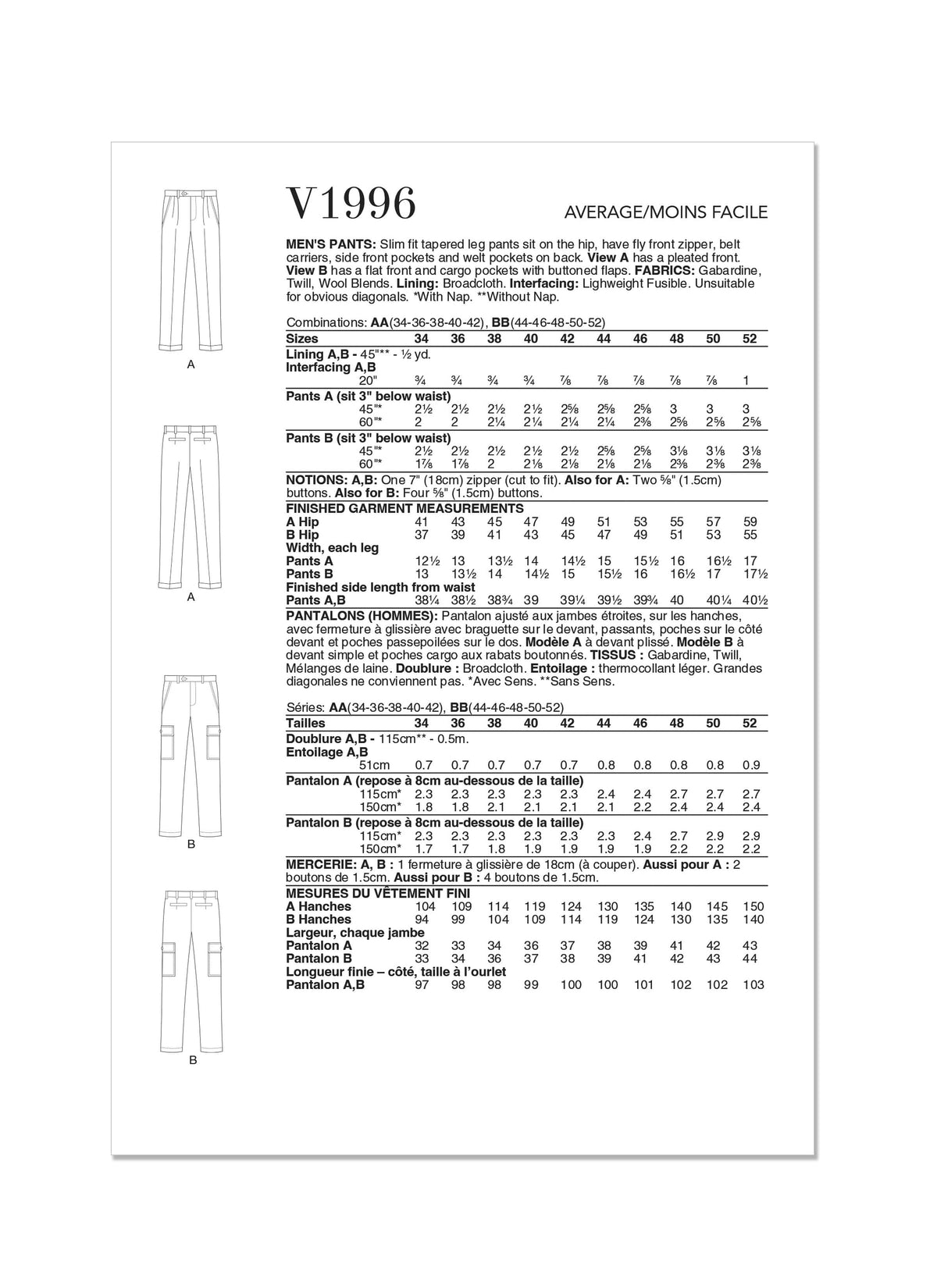 Vogue Mens Pants Sewing Pattern V1996