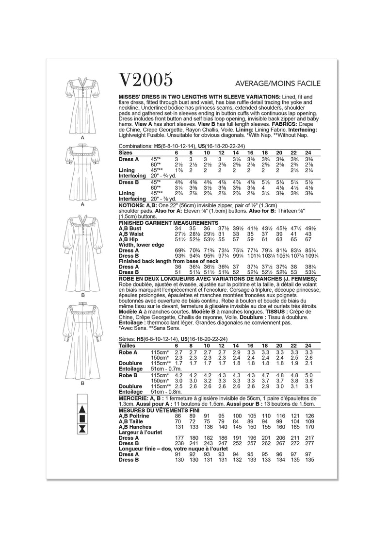 Vogue Misses Dress In Two Lengths With Sleeve Variations Sewing Pattern V2005