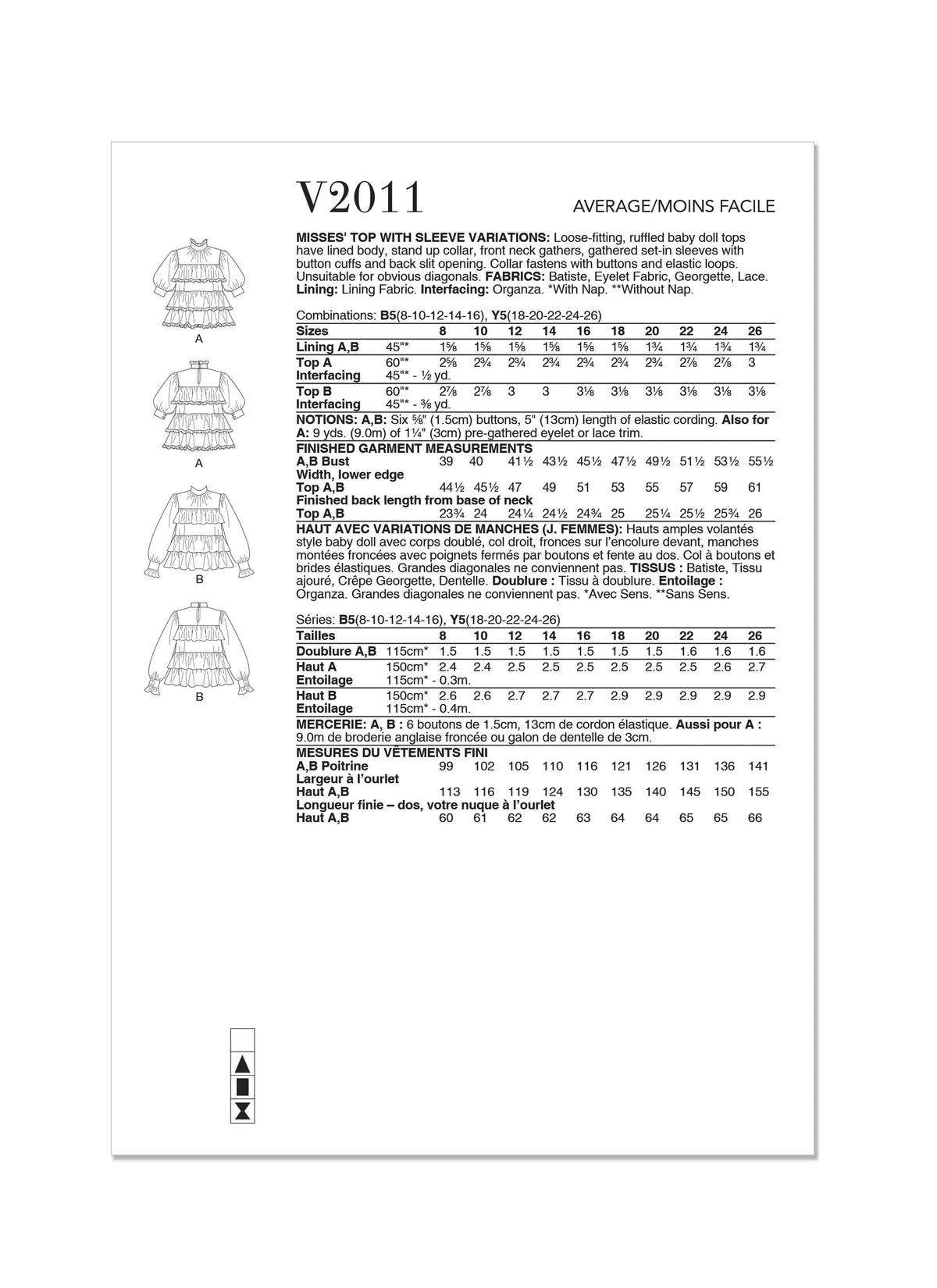 Vogue Misses Top With Sleeve Variations Sewing Pattern V2011