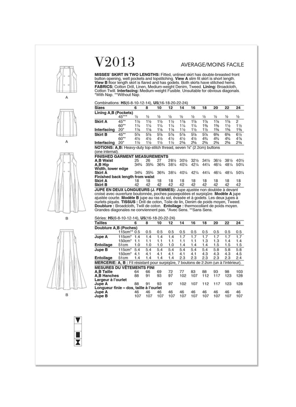 Vogue Misses Skirt In Two Lengths Sewing Pattern V2013