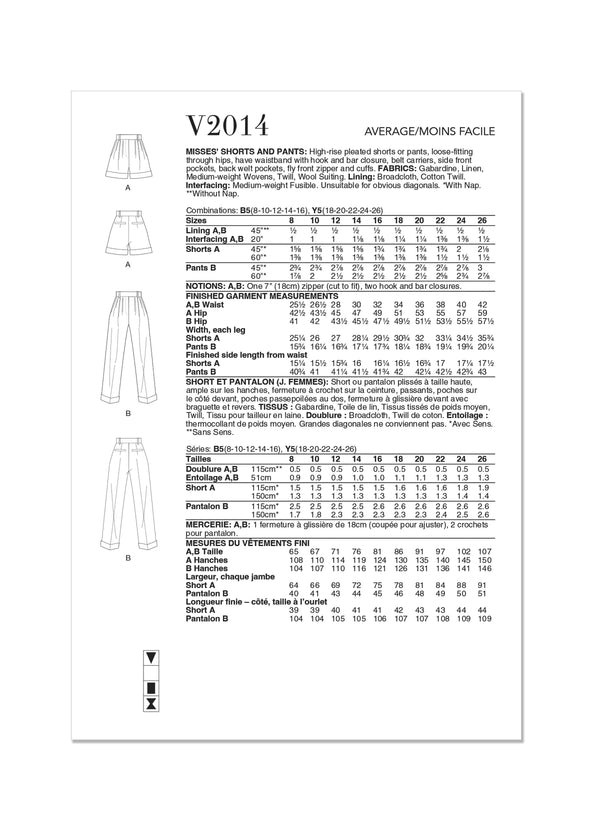 Vogue Misses Shorts & Pants Sewing Pattern V2014