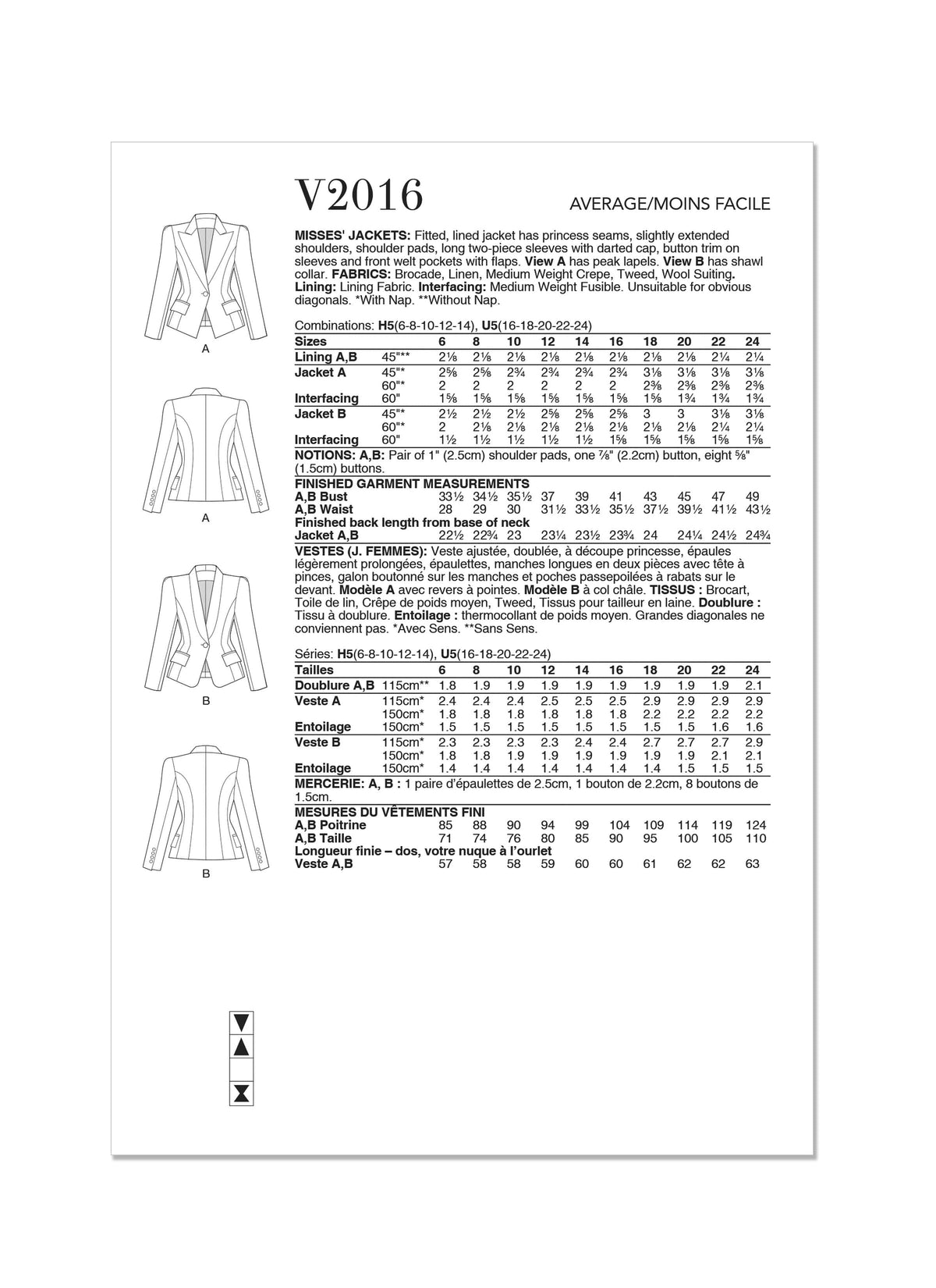 Vogue Misses Jackets Sewing Pattern V2016