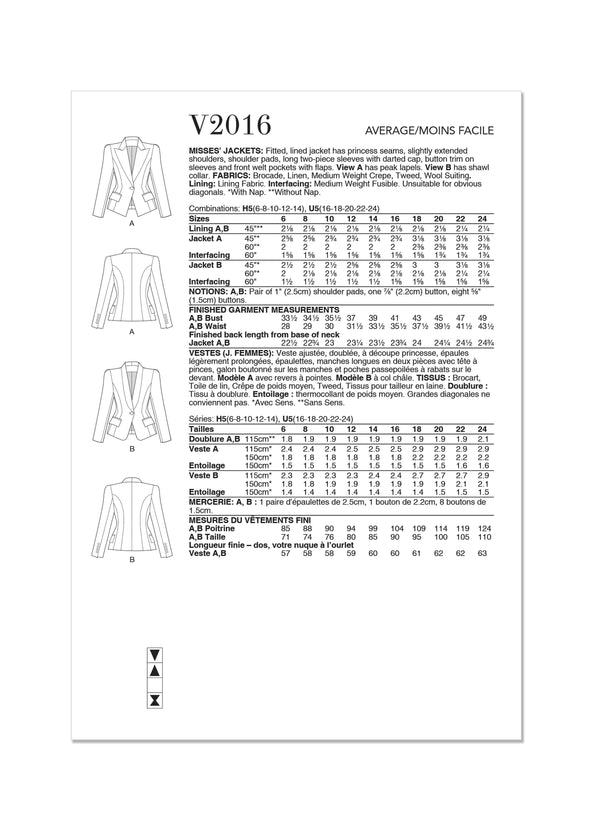 Vogue Misses Jackets Sewing Pattern V2016