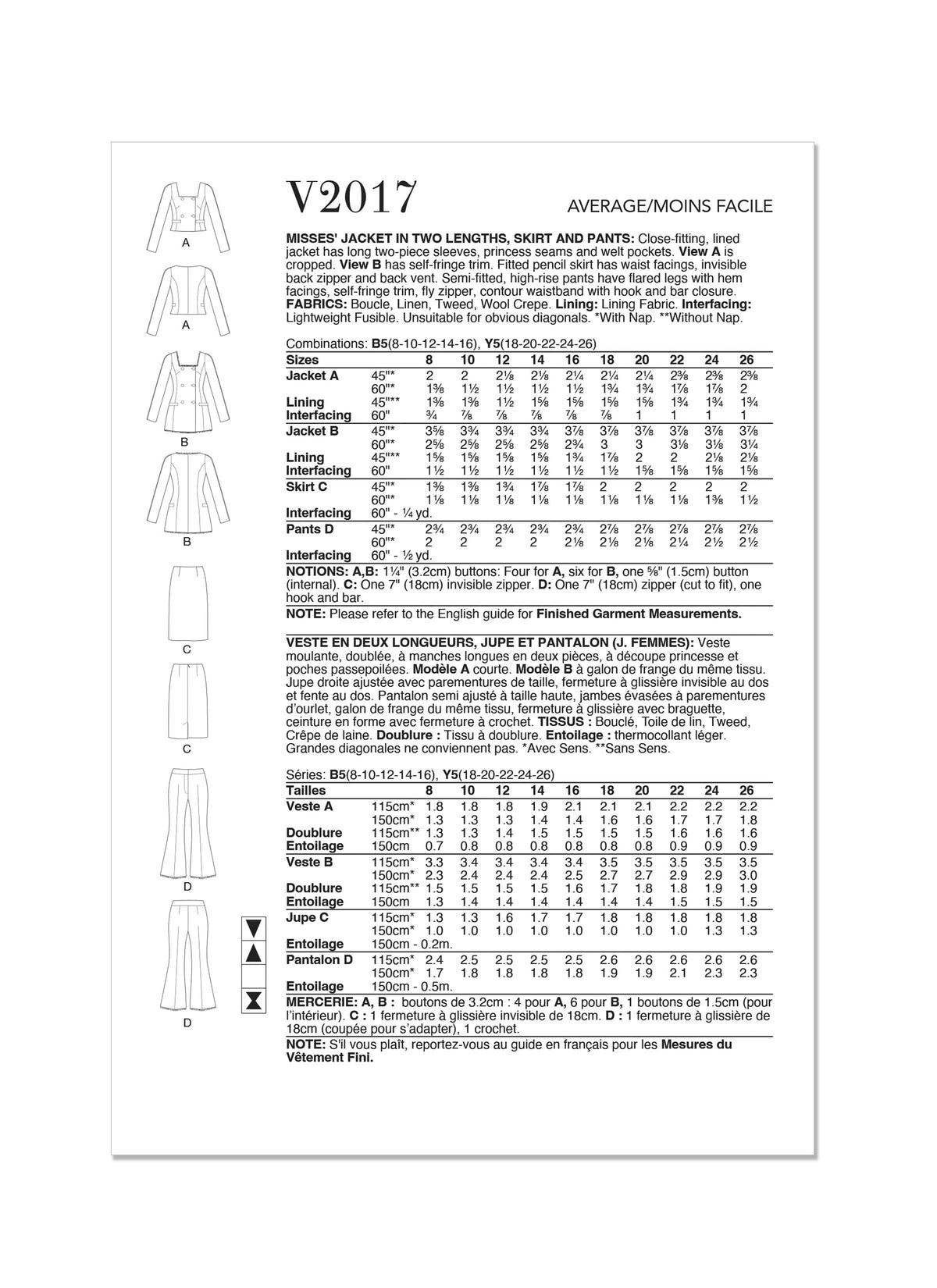 Vogue Misses Jacket In Two Lengths, Skirt & Pants Sewing Pattern V2017