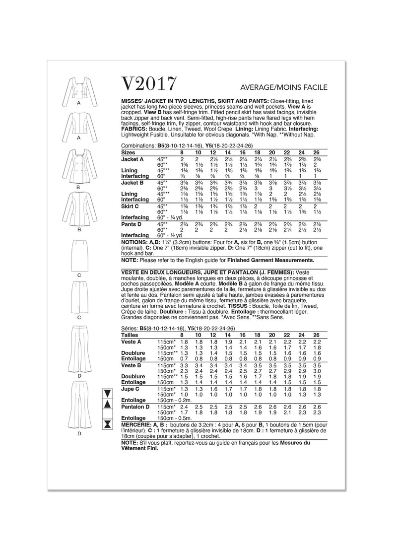 Vogue Misses Jacket In Two Lengths, Skirt & Pants Sewing Pattern V2017