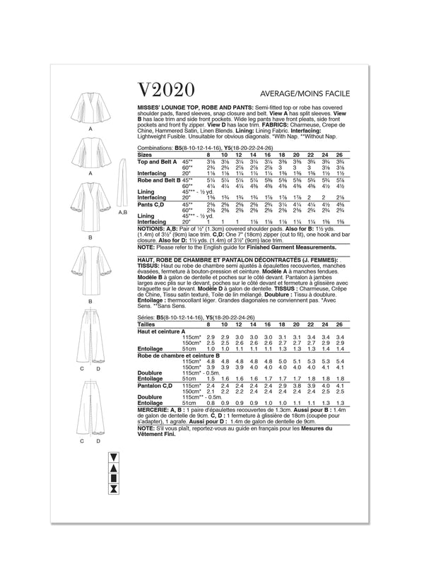 Vogue Misses Lounge Top, Robe & Pants Sewing Pattern V2020