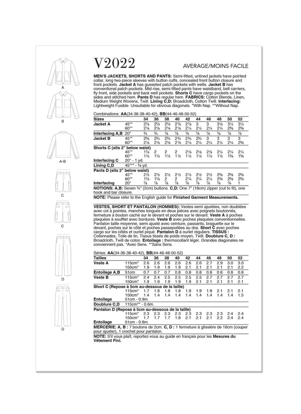 Vogue Mens Jackets, Shorts & Pants Sewing Pattern V2022