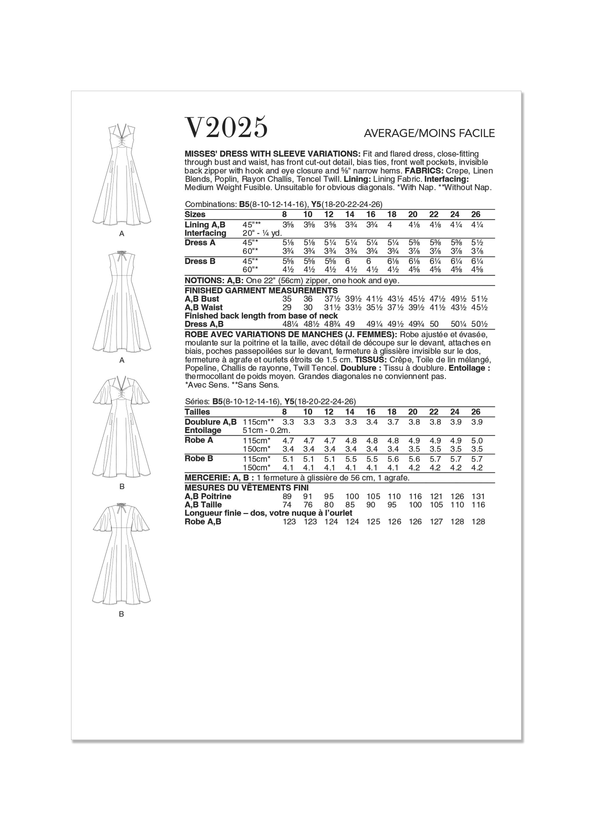 Vogue Misses' Dress with Sleeve Variations Sewing Pattern V2025