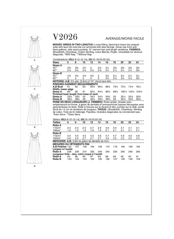 Vogue Misses' Dress in Two Lengths Sewing Pattern V2026