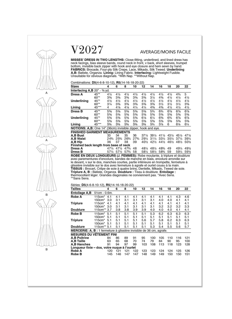 Vogue Misses' Dress in Two Lengths Sewing Pattern V2027