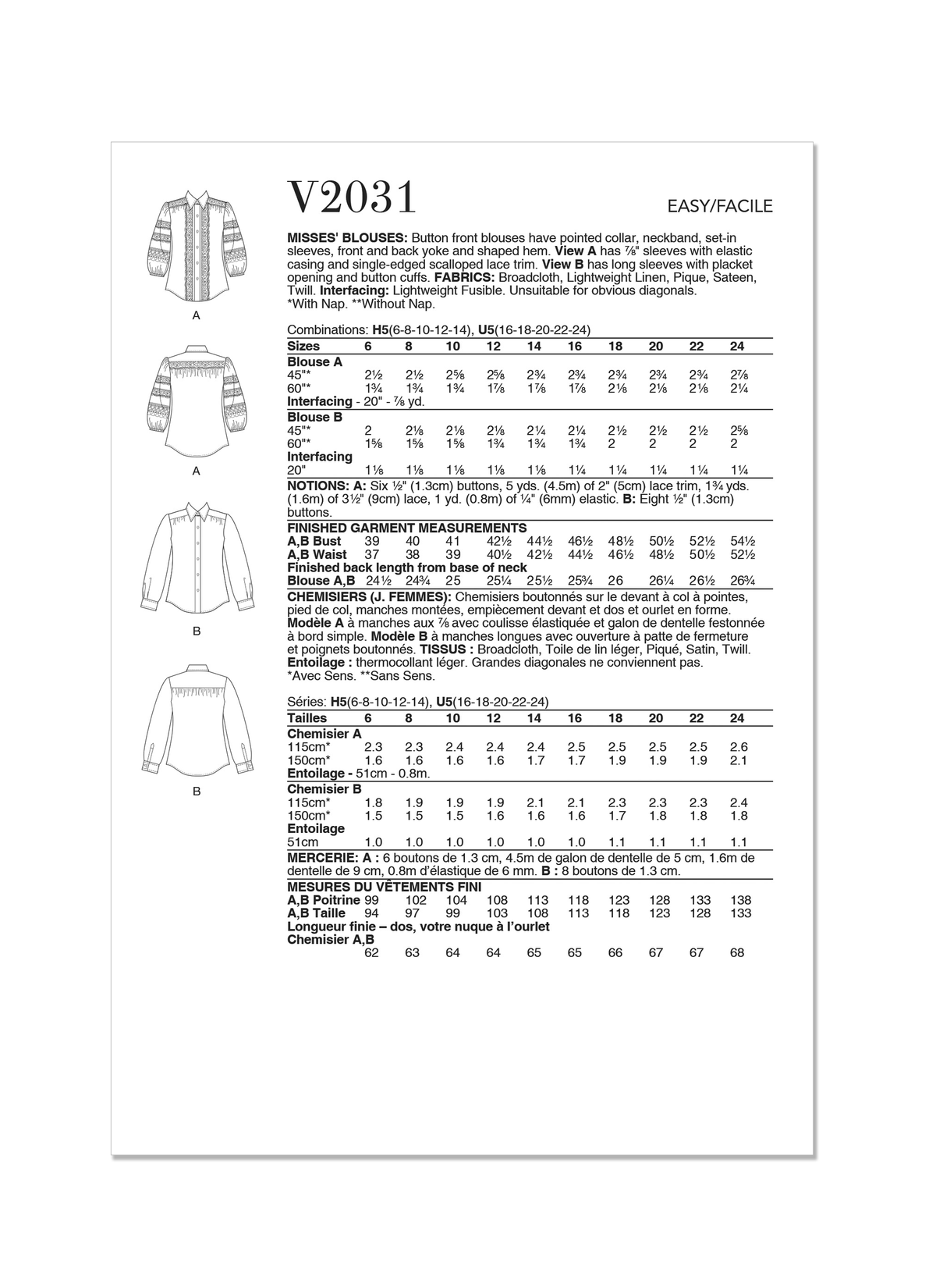 Vogue Misses' Blouses Sewing Pattern for Stylish Creations V2031