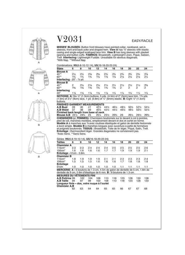 Vogue Misses' Blouses Sewing Pattern for Stylish Creations V2031