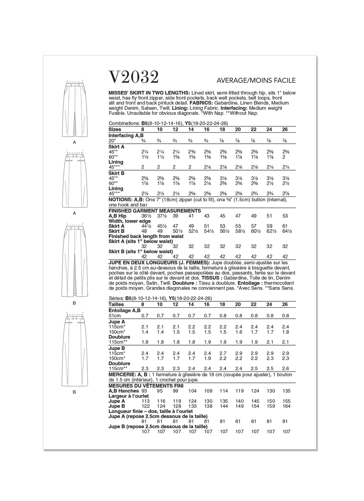 Vogue Misses' Skirt in Two Lengths Sewing Pattern V2032
