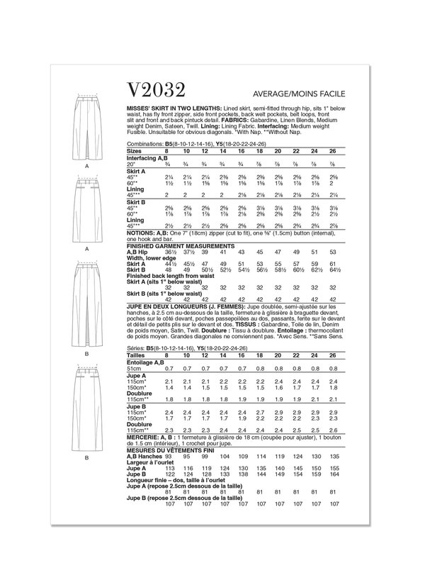 Vogue Misses' Skirt in Two Lengths Sewing Pattern V2032