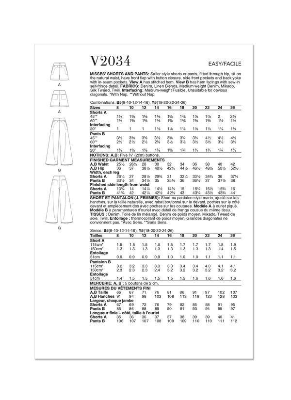 Vogue Misses' Shorts and Pants Sewing Pattern Collection V2034