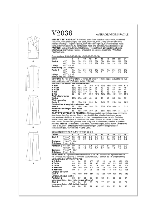 Vogue Misses' Vest and Pants Sewing Pattern V2036