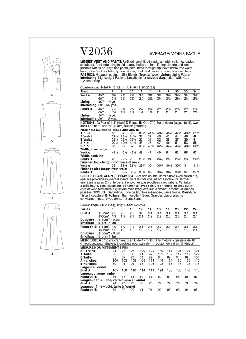 Vogue Misses' Vest and Pants Sewing Pattern V2036