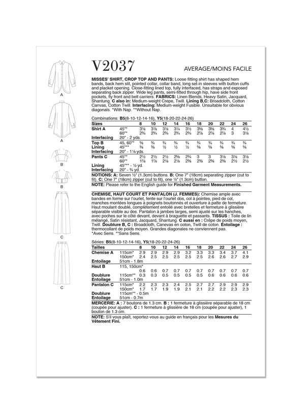 Vogue Misses' Shirt, Crop Top and Pants Sewing Pattern V2037