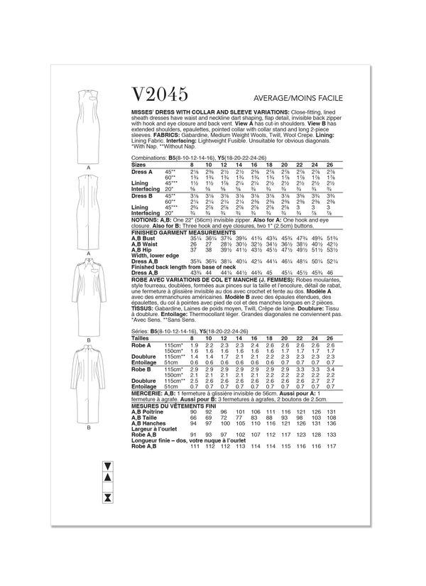 Vogue Misses' Dress with Collar and Sleeve Variations Pattern V2045