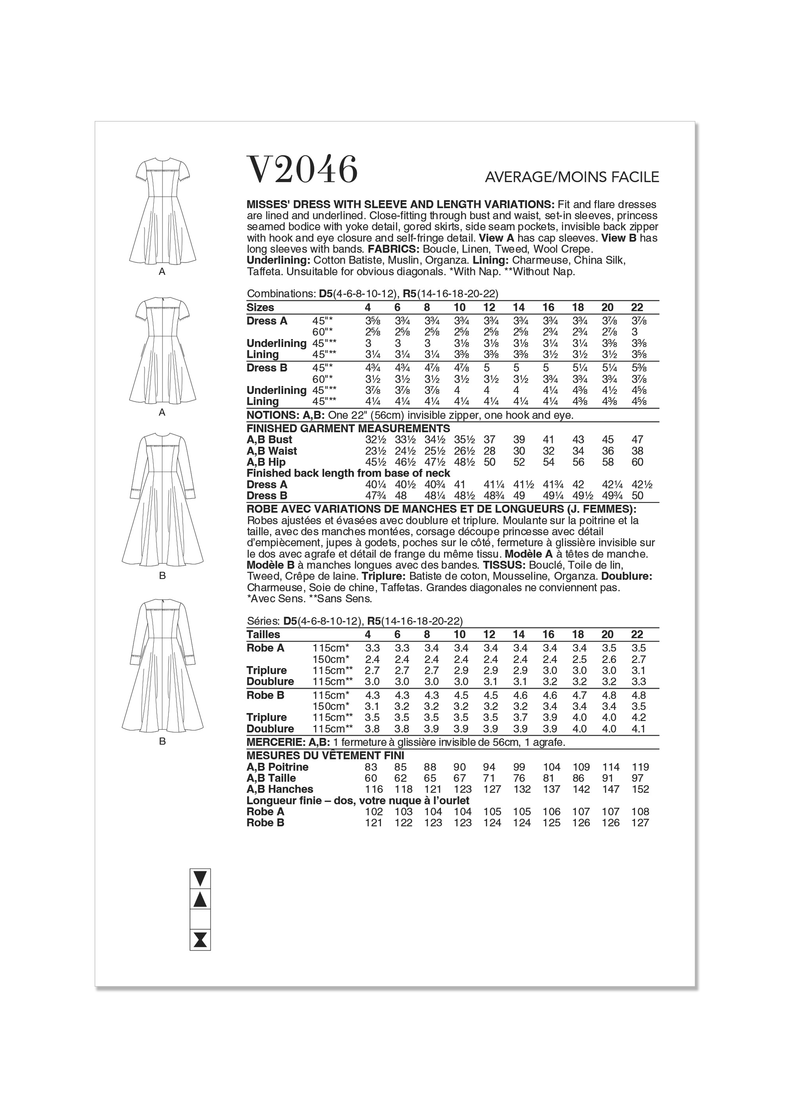 Vogue Misses' Dress with Sleeve and Length Variations Pattern V2046