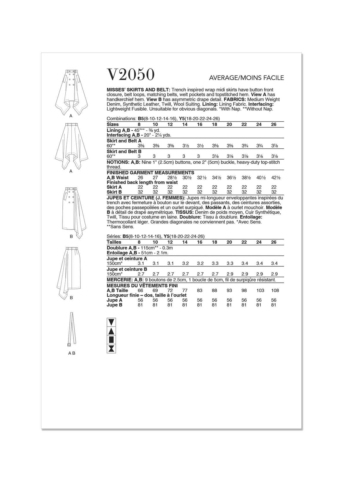 Vogue Misses' Skirts and Belt Sewing Pattern V2050