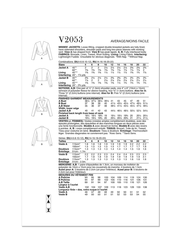 Vogue Misses' Jackets Sewing Pattern for Stylish Creations V2053