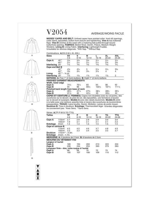 Vogue Misses' Capes and Belt Sewing Pattern Collection V2054