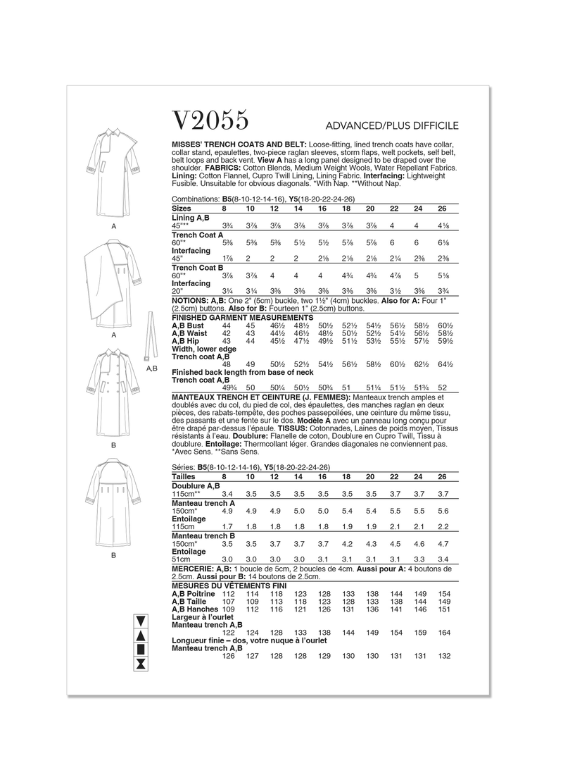 Vogue Misses' Trench Coats with Belt Sewing Pattern V2055