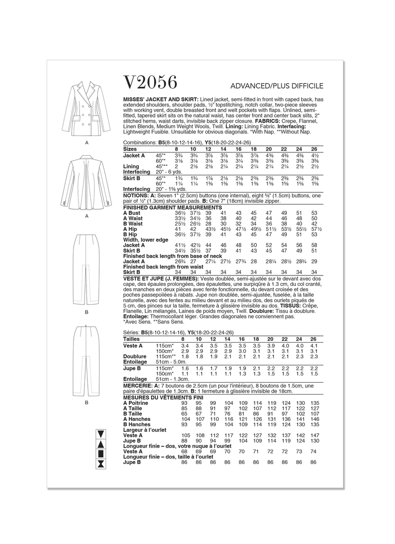 Vogue Misses' Jacket and Skirt Sewing Pattern V2056