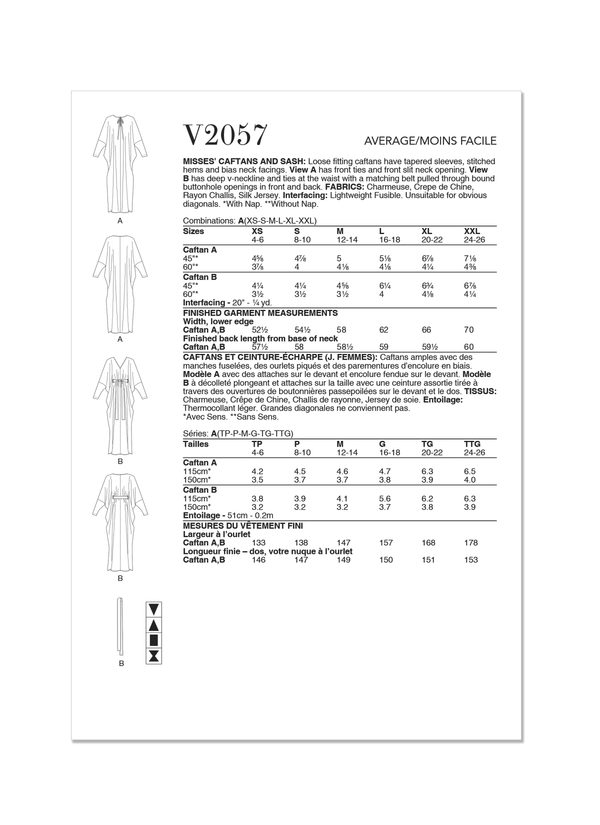 Vogue Misses' Caftans and Sash Sewing Pattern V2057