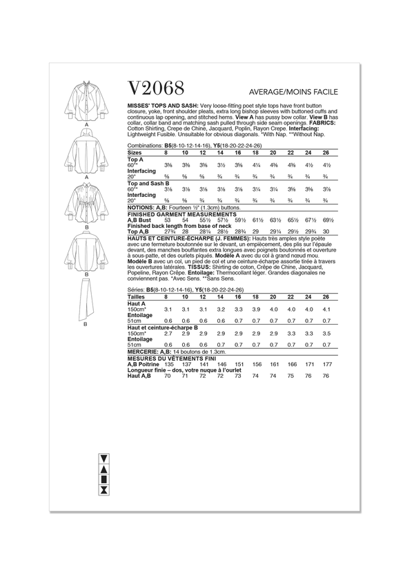 Vogue Misses' Tops and Sash Sewing Pattern Guide V2068