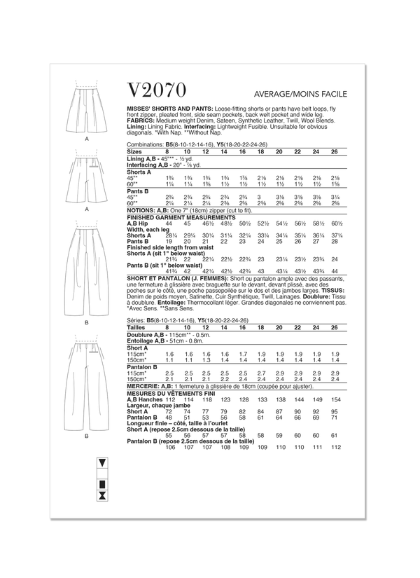 Vogue Misses' Shorts and Pants Sewing Pattern Collection V2070