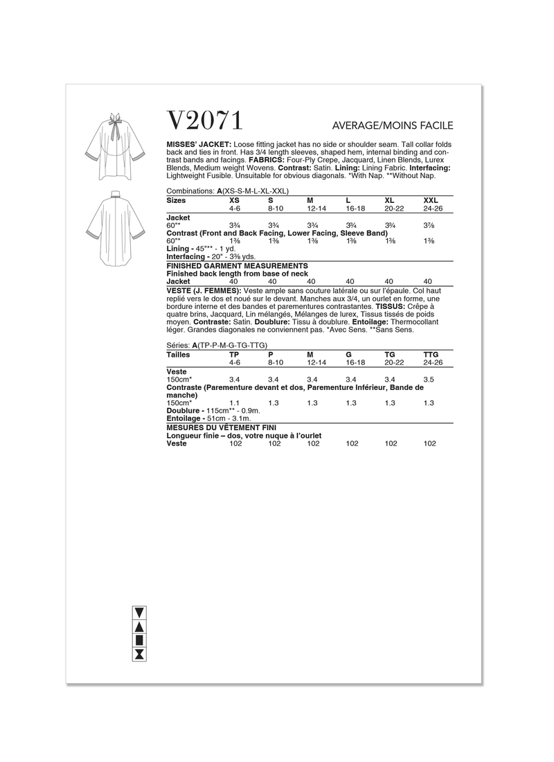 Vogue Misses' Jacket by Julio Cesar NYC Sewing Pattern V2071