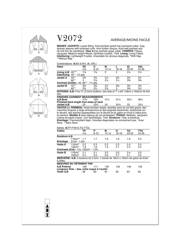 Vogue Misses' Jackets Sewing Pattern for Stylish Creations V2072