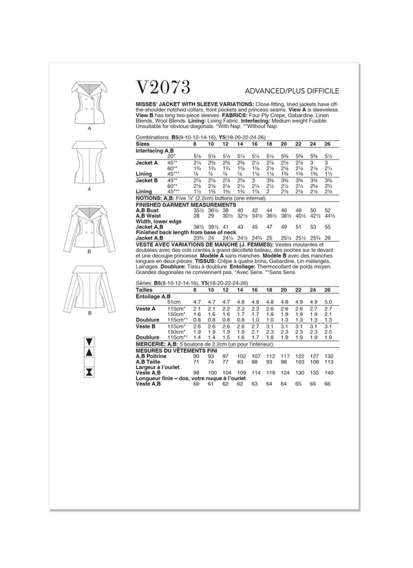 Vogue Misses' Jacket with Sleeve Variations Sewing Pattern V2073