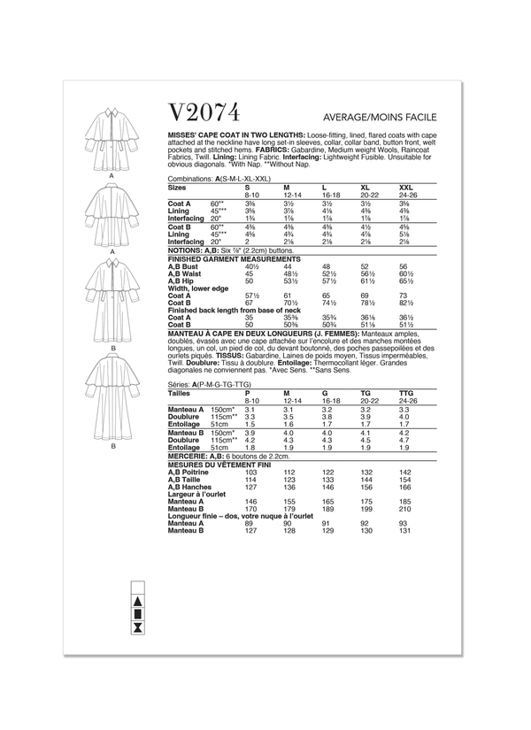 Vogue Misses' Cape Coat in Two Lengths Sewing Pattern V2074