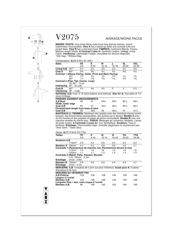 Vogue Misses' Coats Sewing Pattern for Stylish Creations V2075