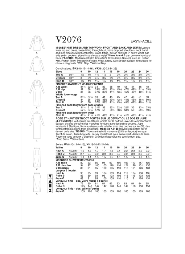 Vogue Misses' Knit Dress, Top & Skirt Sewing Pattern V2076
