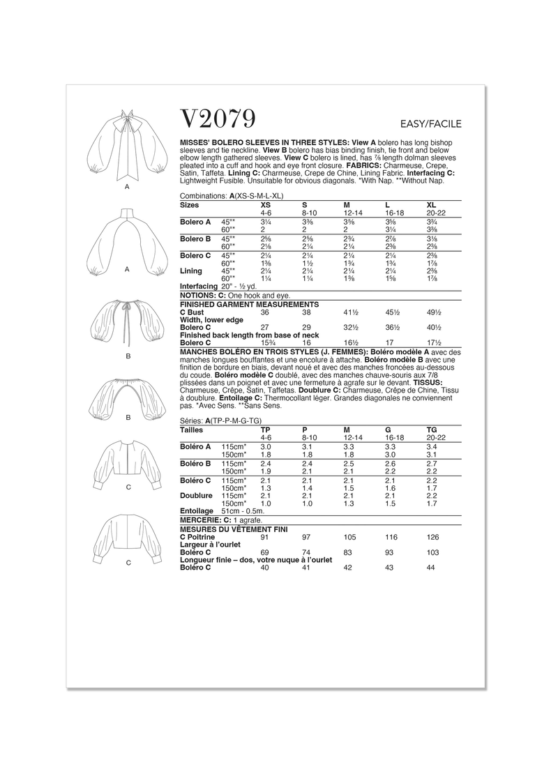 Vogue Misses' Bolero Sleeves in Three Styles Sewing Pattern V2079