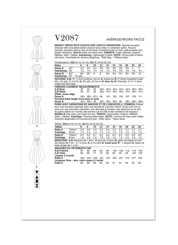 Vogue Misses' Dress with Sleeve and Length Variations Pattern V2087